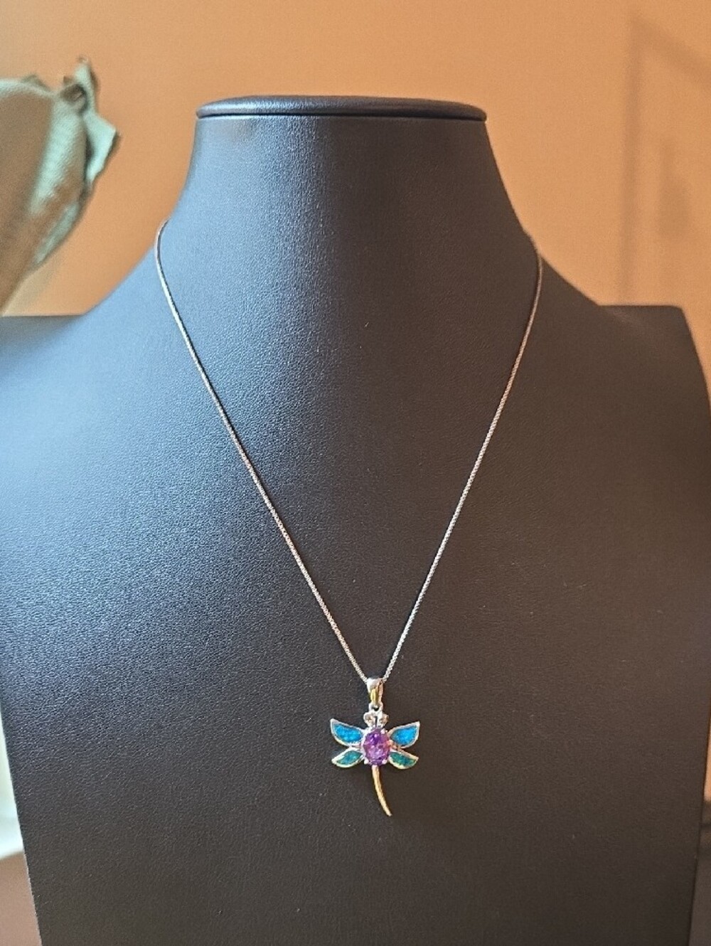 Silver Dragonfly Pendant Necklace with Amethyst Center and Blue-Green Opal Wings - Picture 4 of 9
